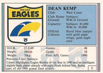 1992 AFL Regina #3 Dean Kemp Back